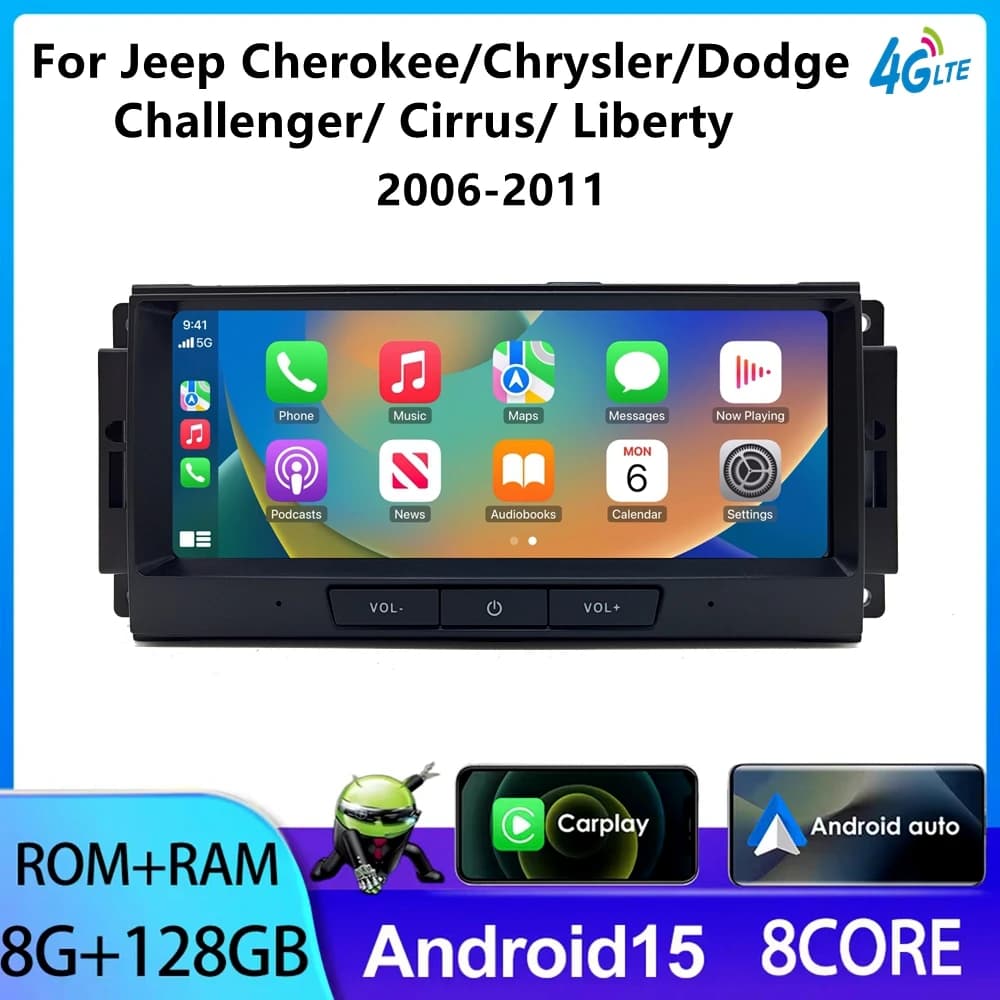Autoradio Android 15 per Jeep Cherokee 2009 2008 2010 Wrangler Dodge Challenger Chrysler, Lettore Multimediale GPS Auto Carplay