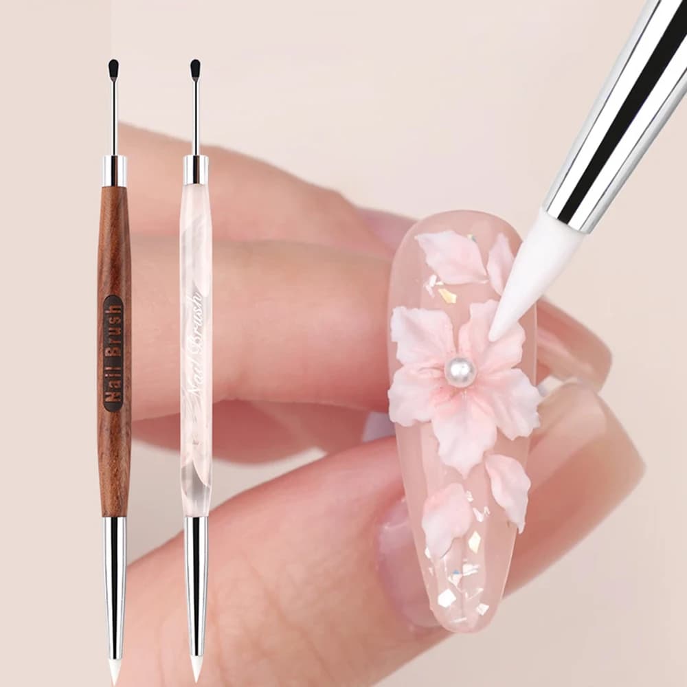 Penna per intaglio per nail art in silicone Doppia testa Pittura floreale 3D Manico in legno Smalto gel Modellazione Pittura Design Pennello per estensione