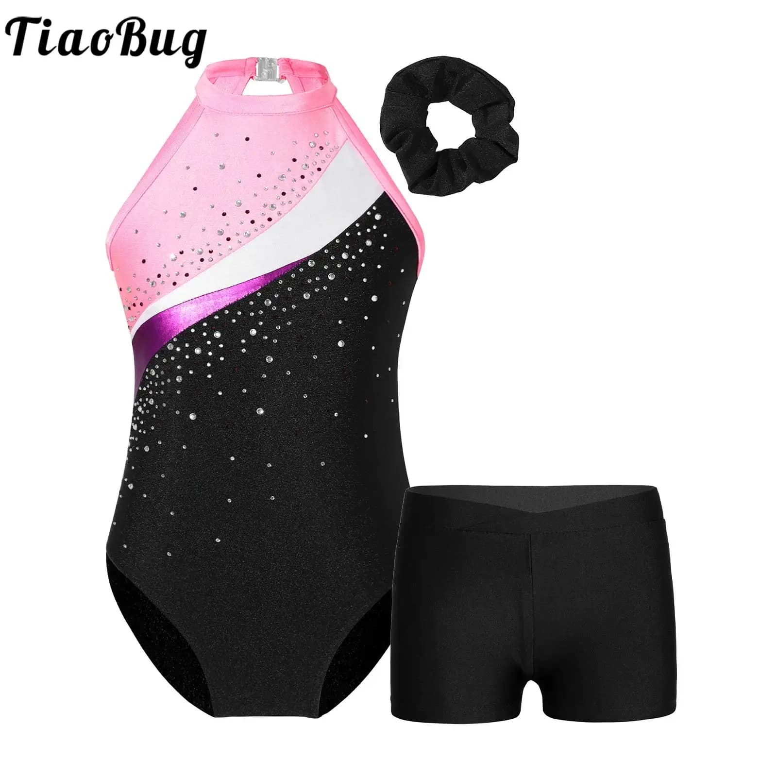 Bambini ragazze ginnastica body danza classica abiti strass Athletic Biketard Shorts Set allenamento pattinaggio artistico body