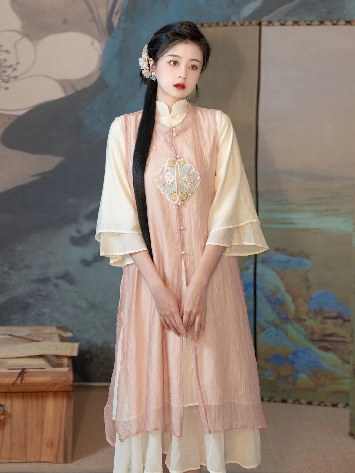 Women's Hanfu with Embroidery in Motive Pink Cloud, Bell Midi Gonna, Casual Style, Soft Life, Chiffon Material