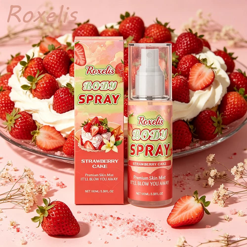 Roxelis 30mL Spray Corpo Profumato al Gusto di Torta alla Fragola, Fragranza Multistrato, Idratante Profondo, Lenitivo, Facile da Trasportare