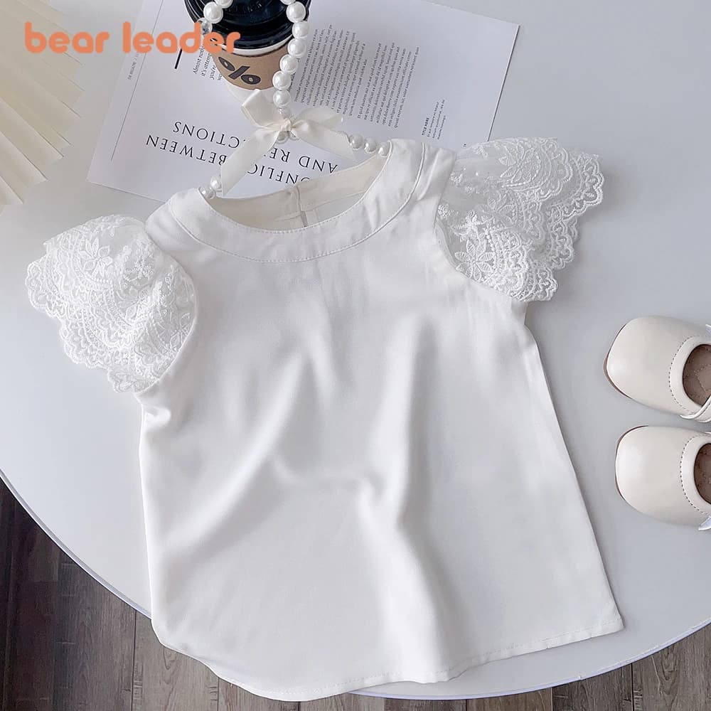 Bear Leader T-shirt bianca a maniche corte per ragazze Camicetta estiva per bambini con maniche in pizzo Abbigliamento per bambini Abbigliamento scolastico Top Abbigliamento per bambini