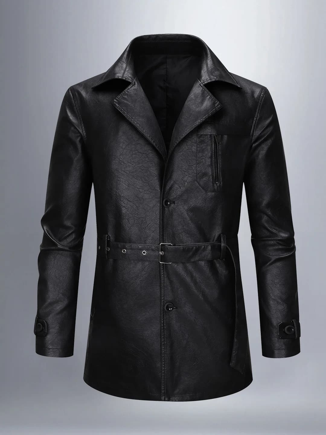 Business Style Men's Leather Jacket Long Sleeve Single Button PU Leather Mid-Length Coat with Belt Spring Autumn Casual