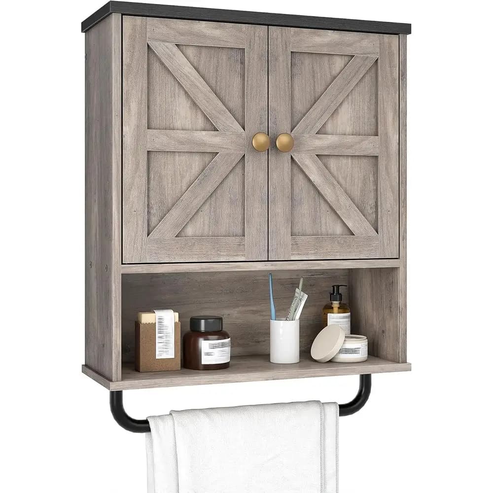 Mobiletto da Bagno Rustico Greige e Nero Carbone con Vano Aperto e Nascosto, Portasciugamani e Armadietto Portamedicinali