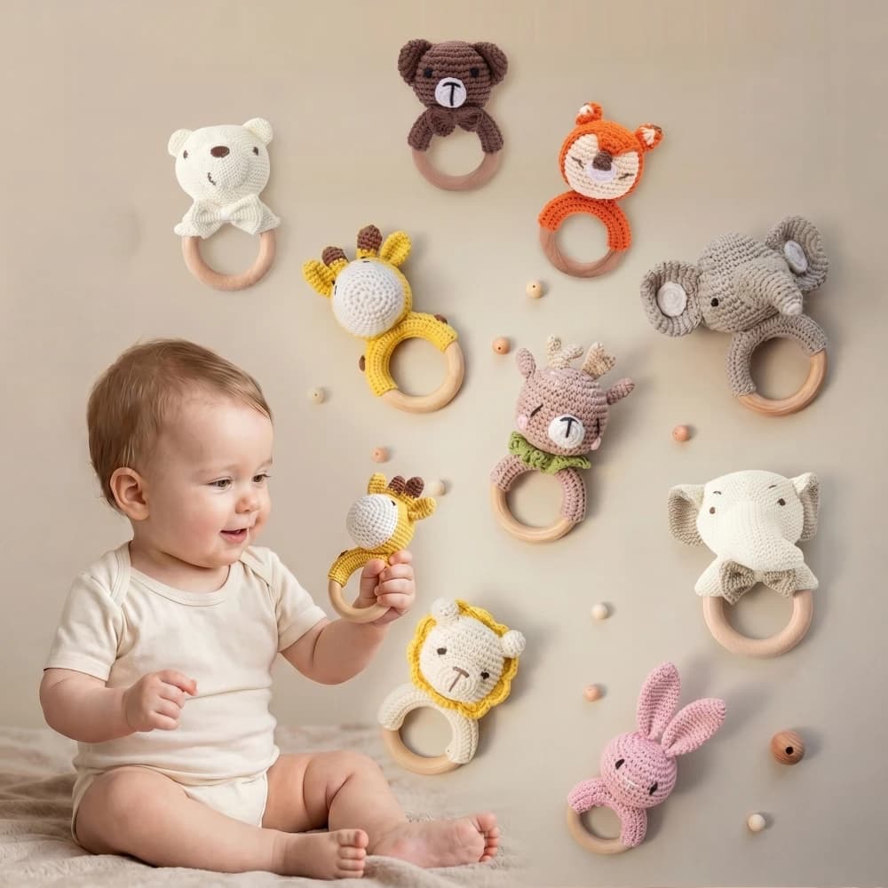 1Pc di Legno Del Bambino Massaggiagengive Crochet Elefante Sonaglio Giocattolo BPA Libero Legno Roditore Sonaglio Del Bambino Mobile Palestra Neonato Passeggino Giocattolo Educativo