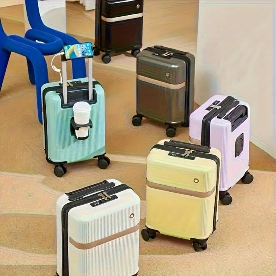 Trendy new stylish carry-on luggage, lightweight ABS trolley case with cup holder and phone stand, designer luggage with soft-close