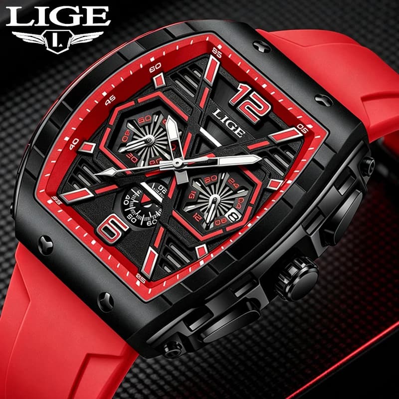 LIGE Men Watch Fashion Red Silicone Tonneau Sports Chronograph Quartz Wristwatch Casual Waterproof Watches For Men Reloj Hombre