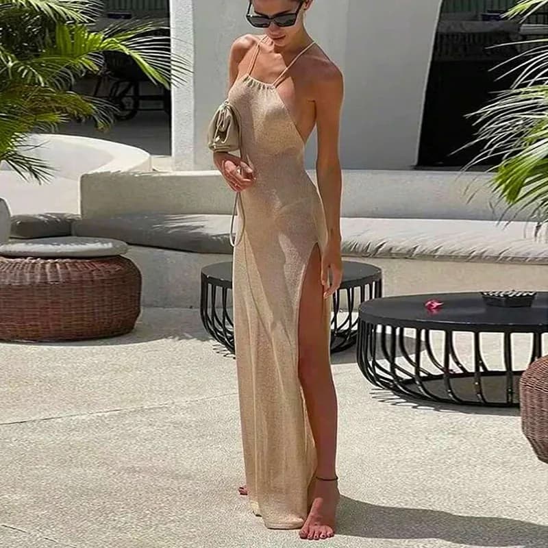 Copricostume da donna Abiti scollati sexy Impiombato senza maniche Abito lungo diviso Costumi da bagno Sling Backless Knit Y2k Summer Beach