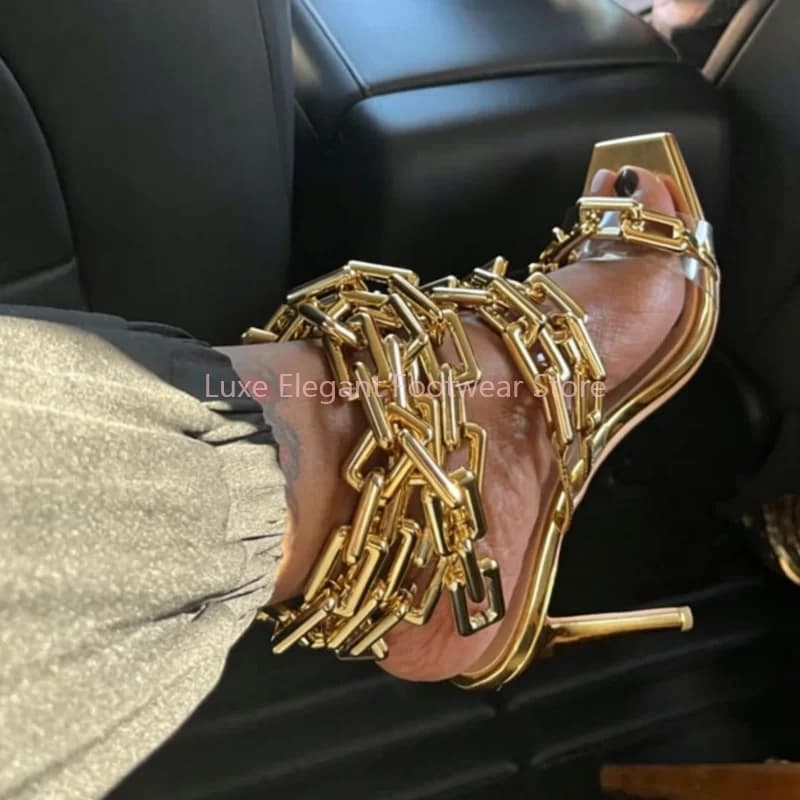 Silver Chunky Chain Decor PVC Square Toe Sandals Women Open Toe Ankle Wrap Thin High Heels Sexy Fashion Party Club Summer Shoes