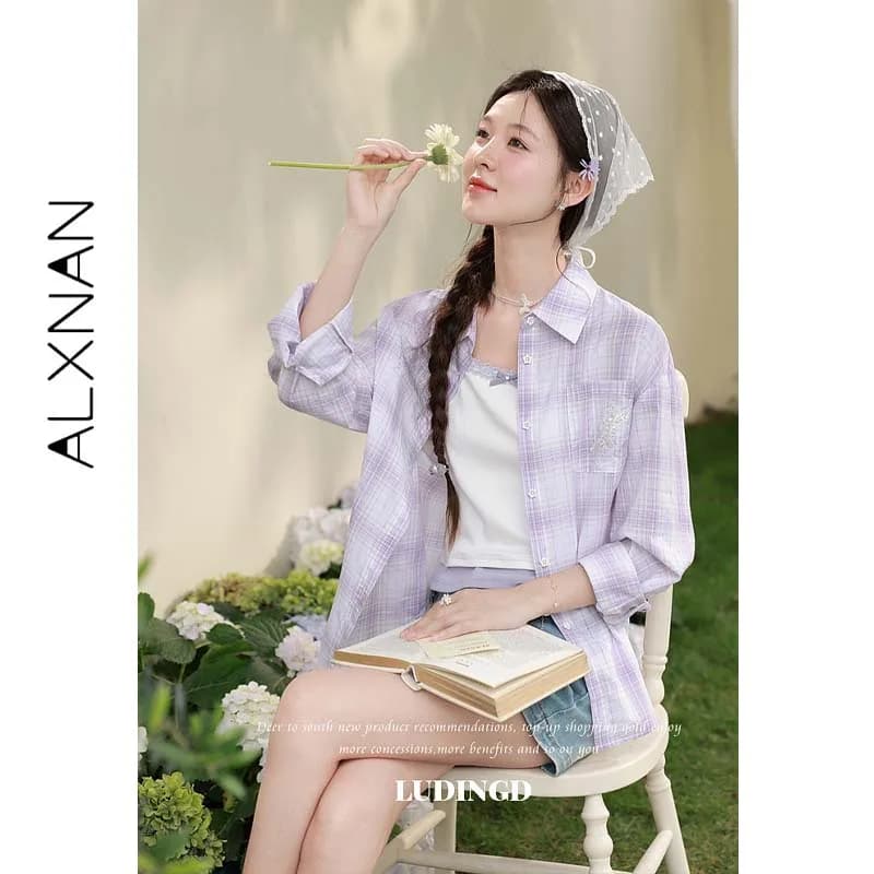 ALXNAN Plus Size Purple Plaid Sun Protection Shirt Women Pocket Embroidery Decor Summer Female Long Sleeve Casual Blouse D65559