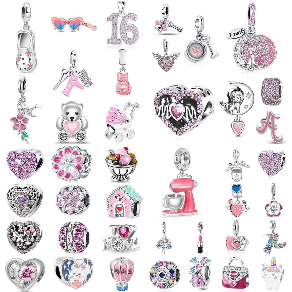 Charm Pink 925 Silver Moon Earphones Lipstick Boxing Set Pendant, European Original Bracelet DIY Jewelry Accessories
