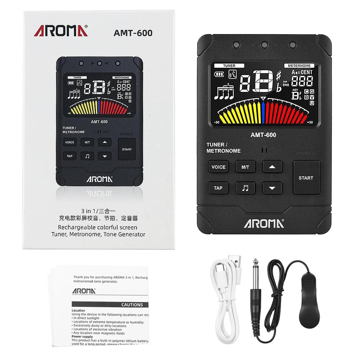 AROMA AMT-600 Digital Tuner Metronome Combo – 2.5″ LCD, Built-in Mic & Pickup, 5h Battery, Type-C, for Guitar/Bass/Ukulele