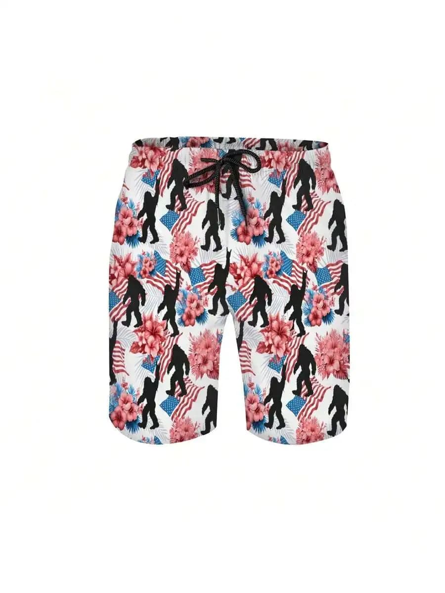 Pantaloncini da spiaggia da uomo con stampa floreale Sasquatch con bandiera americana, outfit casual per le vacanze estive