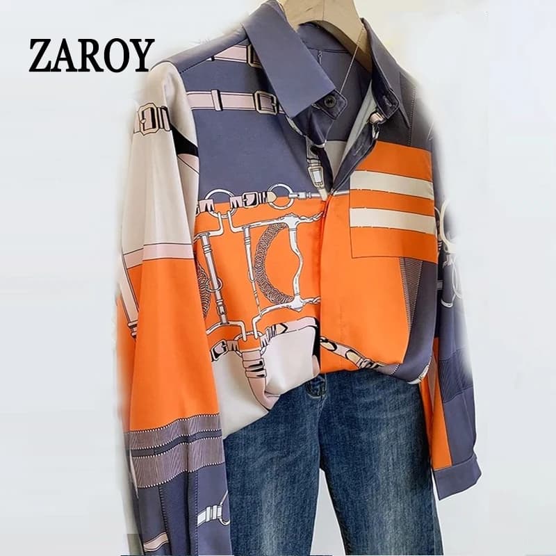 ZAROY S-3XL Camicie slim in seta imitazione Donna Arancione Grigio Stampa di lusso Camicette moda Lady Top Camicia di design di marca di lusso camisas