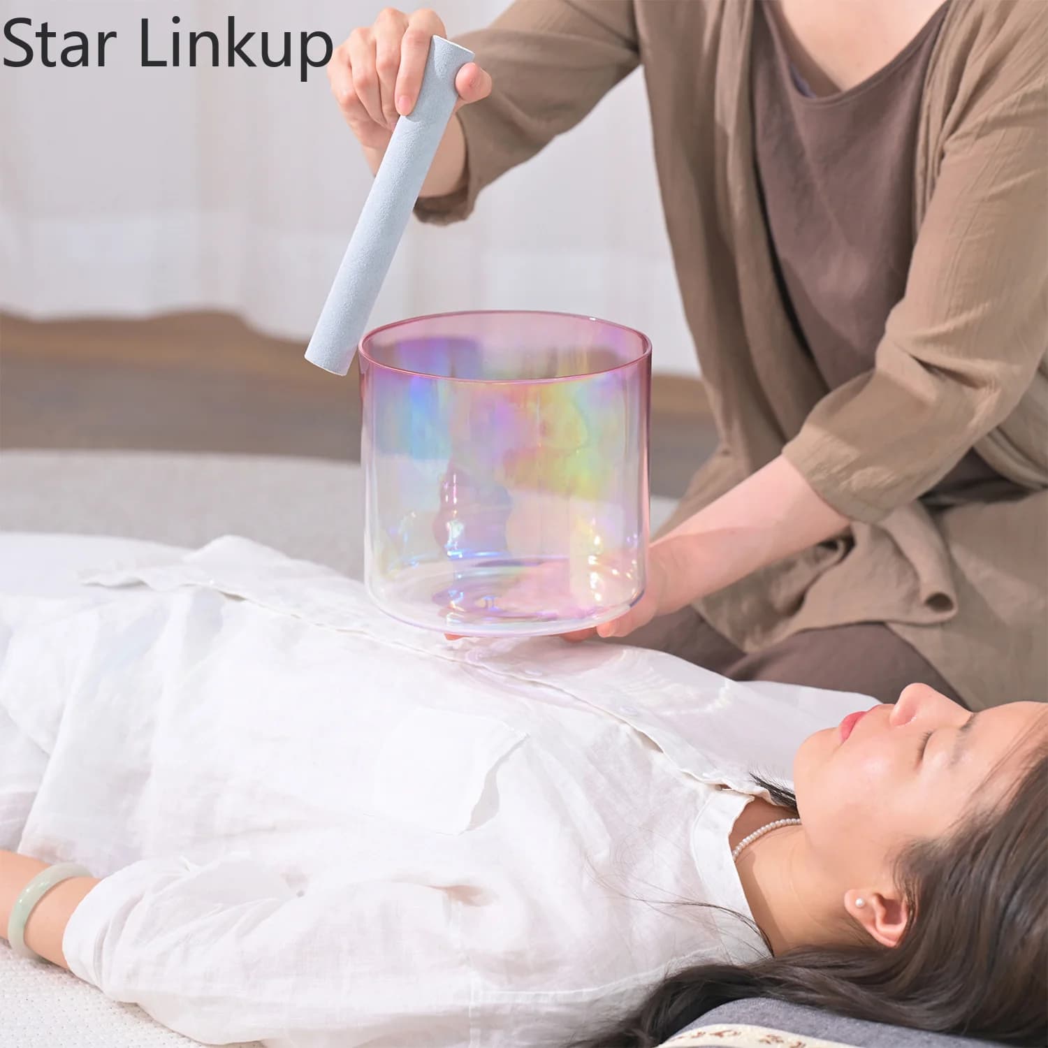 Star Linkup 7 Inch Pink Aura Cosmic Clear Alchemy Colored Quartz Crystal Singing Bowl for Sound Healing with Mallet