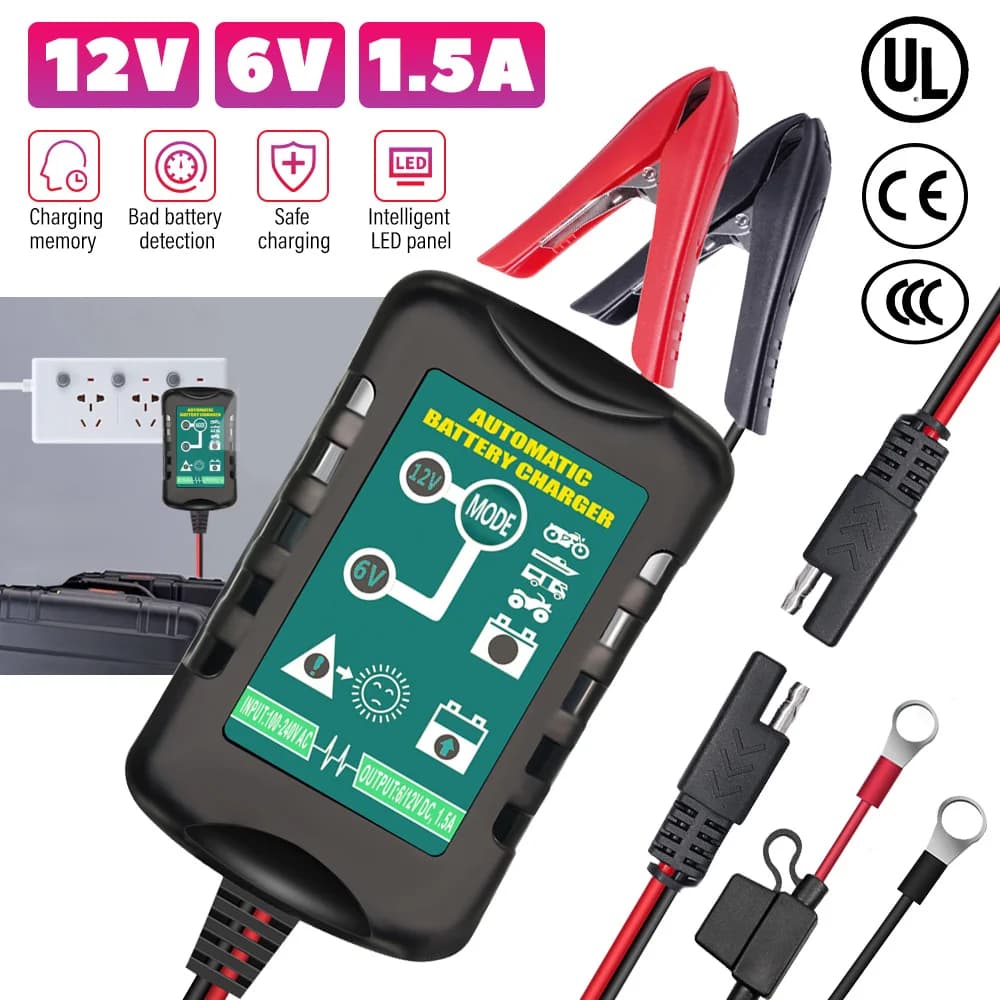 6V 12V 1.5A caricabatteria automatico mantenitore auto caricatore galleggiante automatico moto tosaerba trattore piombo-acido AGM GEL giocattolo