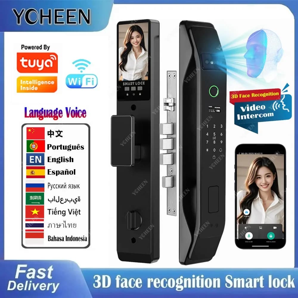 Tuya Wifi App Face Polyglot Serratura elettronica Riconoscimento delle impronte digitali Password Smart Digital Lock Key Card 6068 Serratura da infilare