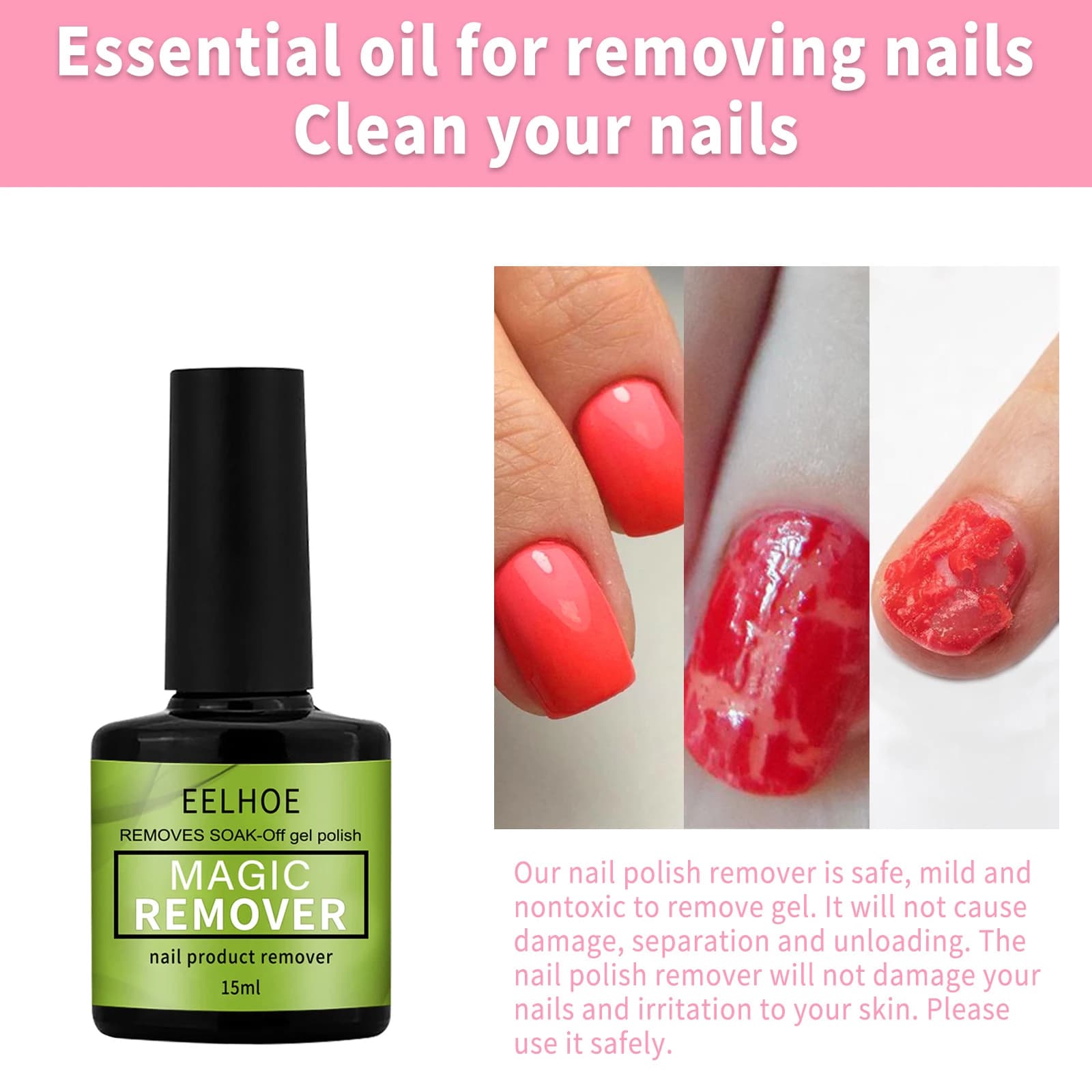 EELHOE Magic Remover Nail Gel Quick Detergent Paint Removal Nail Polish No residual stimulation Easy to use True nails No damage 15 ml