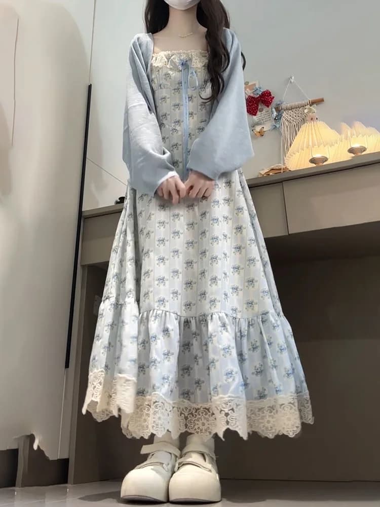 Floral Print Slimming Dress with Blue Cardigan Two-Piece Set Women's Fashionable Ensemble Gathered Waist Doll Collar Design
