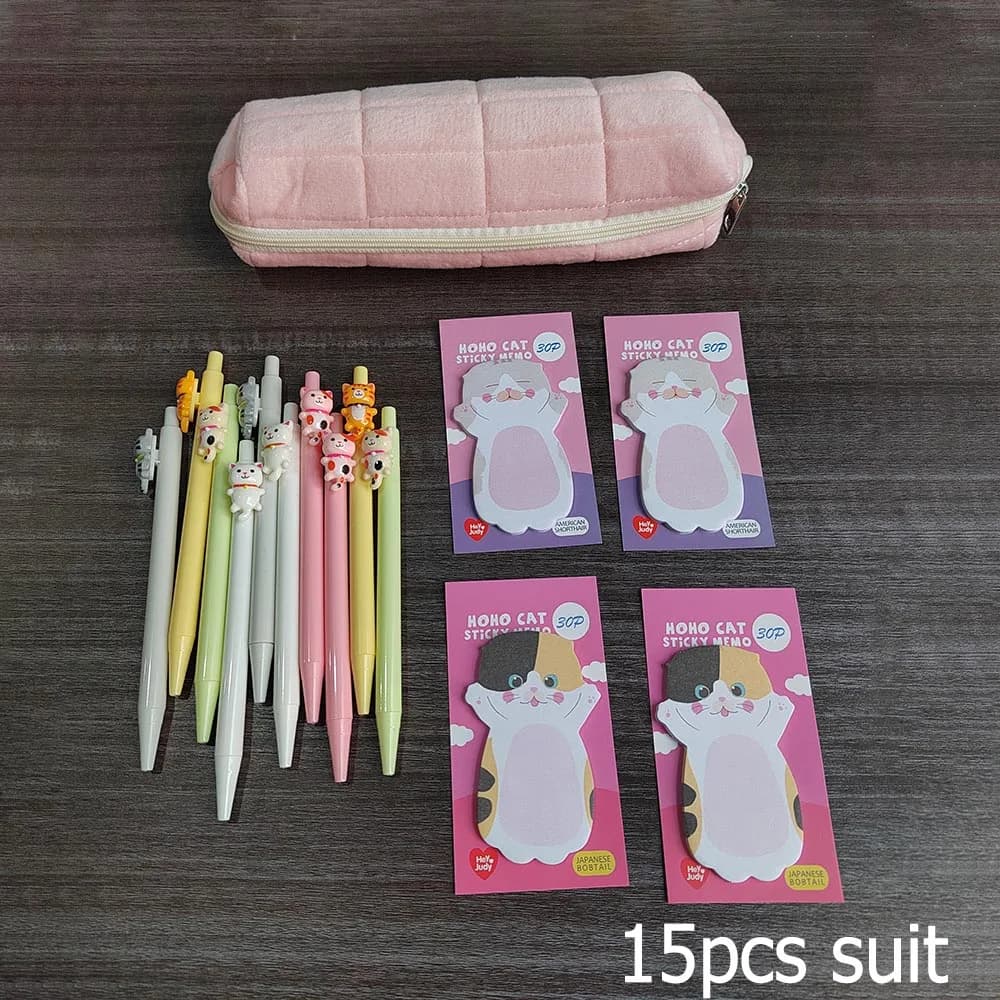 15pcs Pencil Bag Set - Includes 1pc Pillow Pencil Case, 10pcs Ballpoint Pens, 4pcs Sticky Notes, Large Capacity Stationery Box