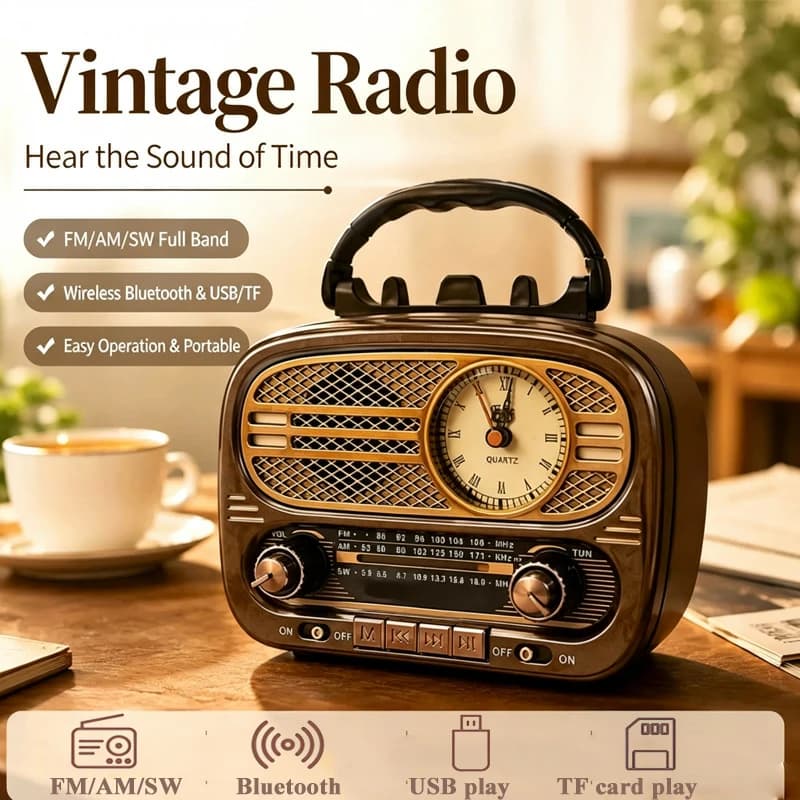 Portable Vintage Radio Retro Clock FM AM SW Radios Wireless TWS Stereo Bluetooth Speaker with LED Flashlight TF Card USB Port