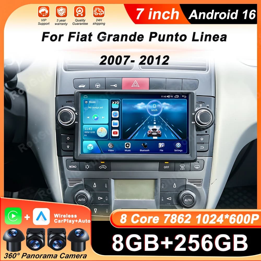 Autoradio Wireless Carplay for Fiat Grande Punto Linea 2007-2012 with GPS navigator, Stereo 8 Core, Wi-Fi and Bluetooth