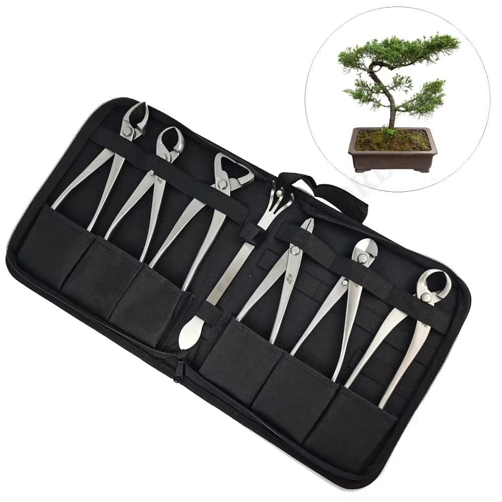 Set di attrezzi premium per bonsai in acciaio inossidabile, cesoie, forbici, rastrello con organizer in tela con cerniera per giardinieri