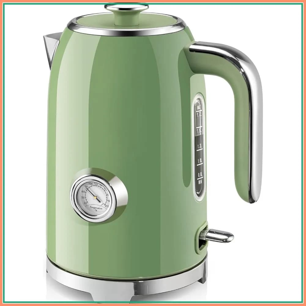 Bollitore Elettrico da 1,7L con Termometro, 1500W Riscaldamento Rapido in Acciaio Inossidabile, Spegnimento Automatico e Protezione Contro l'Ebollizione a Secco, Verde Retrò