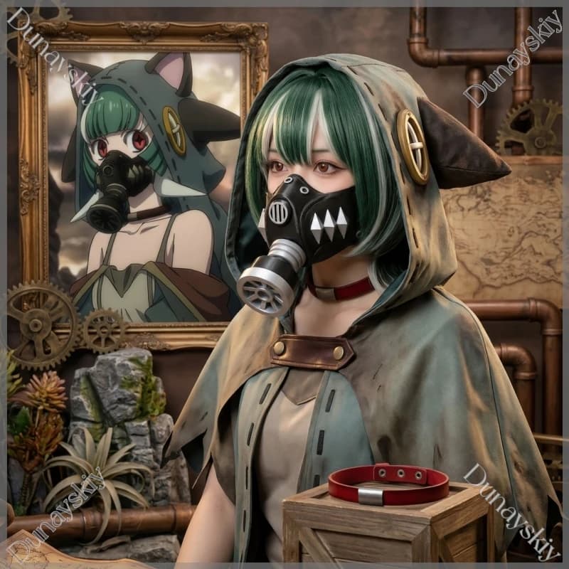 Maschera Antigas Cyberpunk Guita, Parrucca Bob Verde con Riflessi Biondi, Collana Choker, Accessori Cosplay GACHIAKUTA, Stampa 3D, Halloween Comic Con