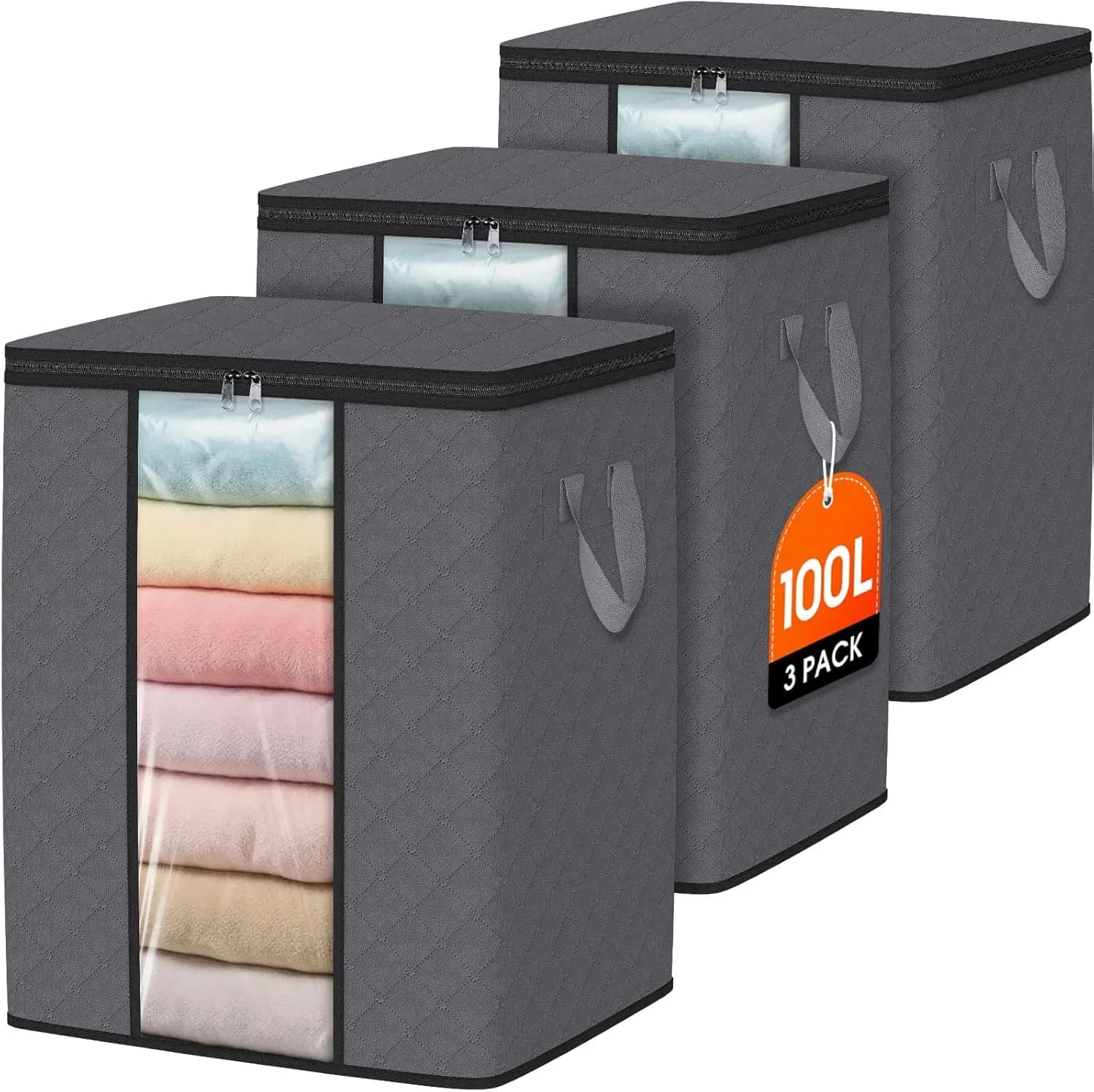 Set di 3 Sacchi Pieghevoli da 100L in Tessuto Spesso per Coperte, Organizzazione Armadio Camera da Letto, Vestiti e Piumoni con Maniglia
