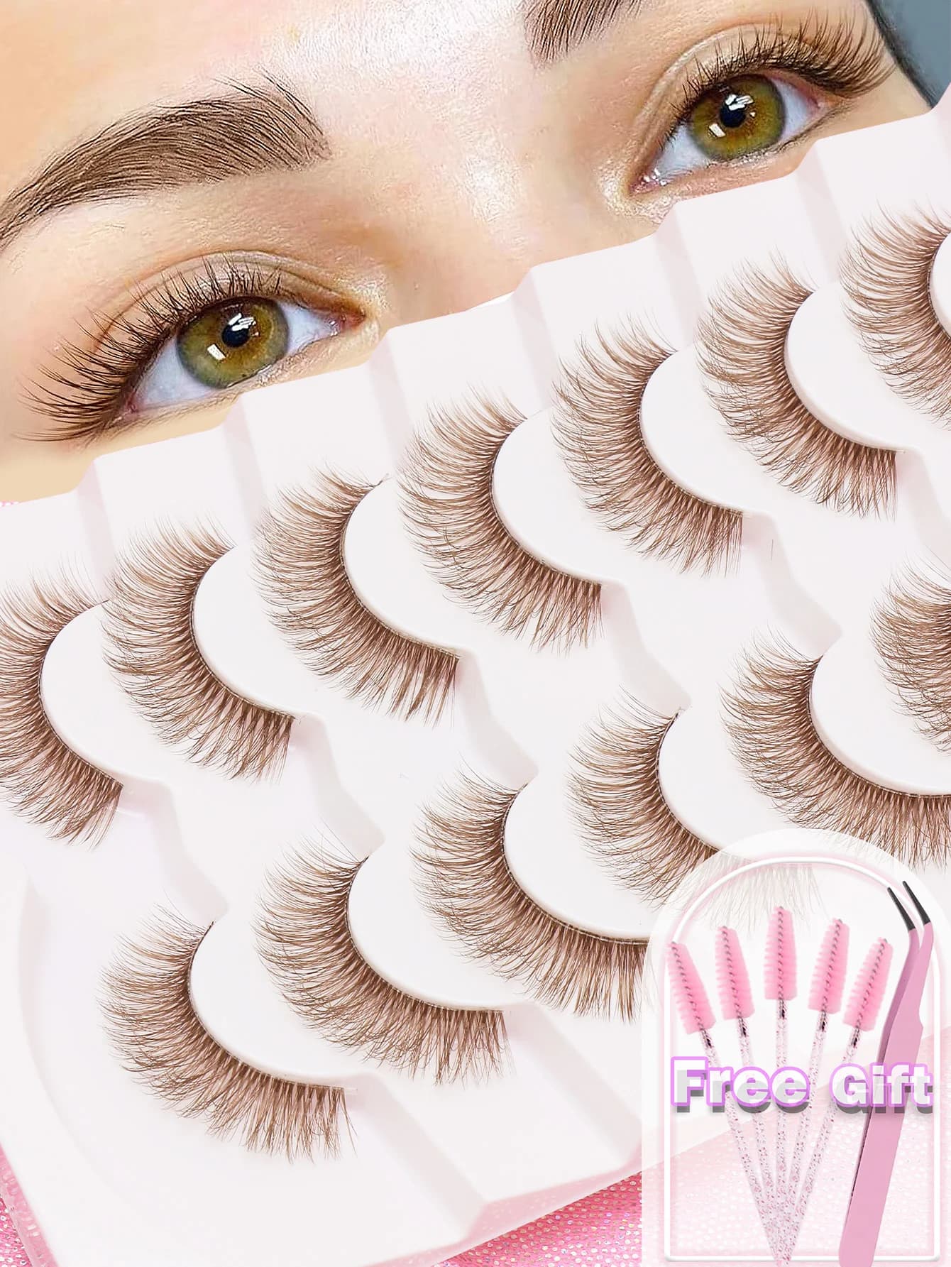 7/5 pairs of fake lashes in brown 3D minks, long natural silk lashes, voluminous and dramatic fake lashes, hair extension for makeup
