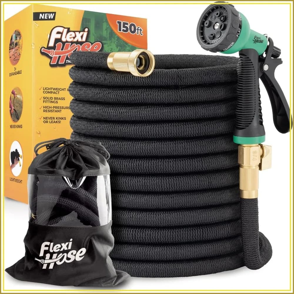 Expandable Garden Hose 150FT with 8 Function Nozzle, Lightweight Retractable Water Hose, No-Kink, 3/4 Inch Brass Fittings, Includes Hook & Bag