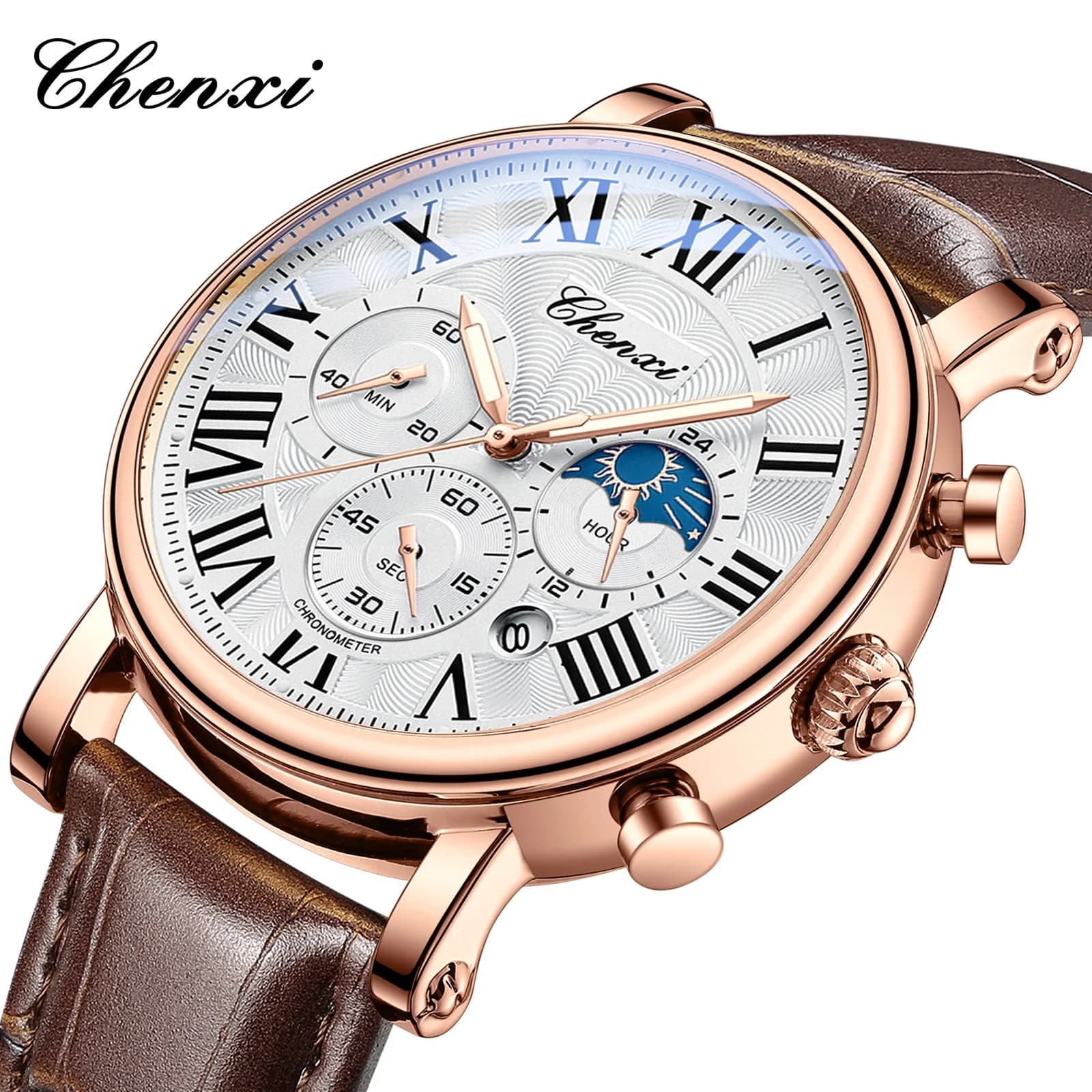 CHENXI 973 Men's Quartz watch Fashion Business Moon phase Date Multifunctional chronograph with leather strap