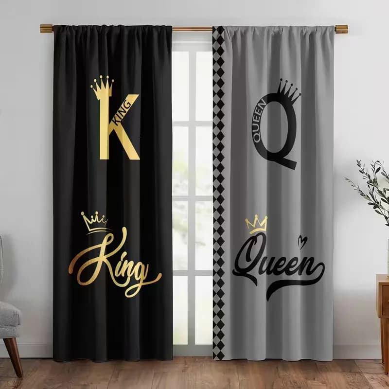 2pcs Stylish King Queen Letter & Crown Pattern Curtains, Designed for Light Blocking, Premium Material, Suitable for Bedroom, Li