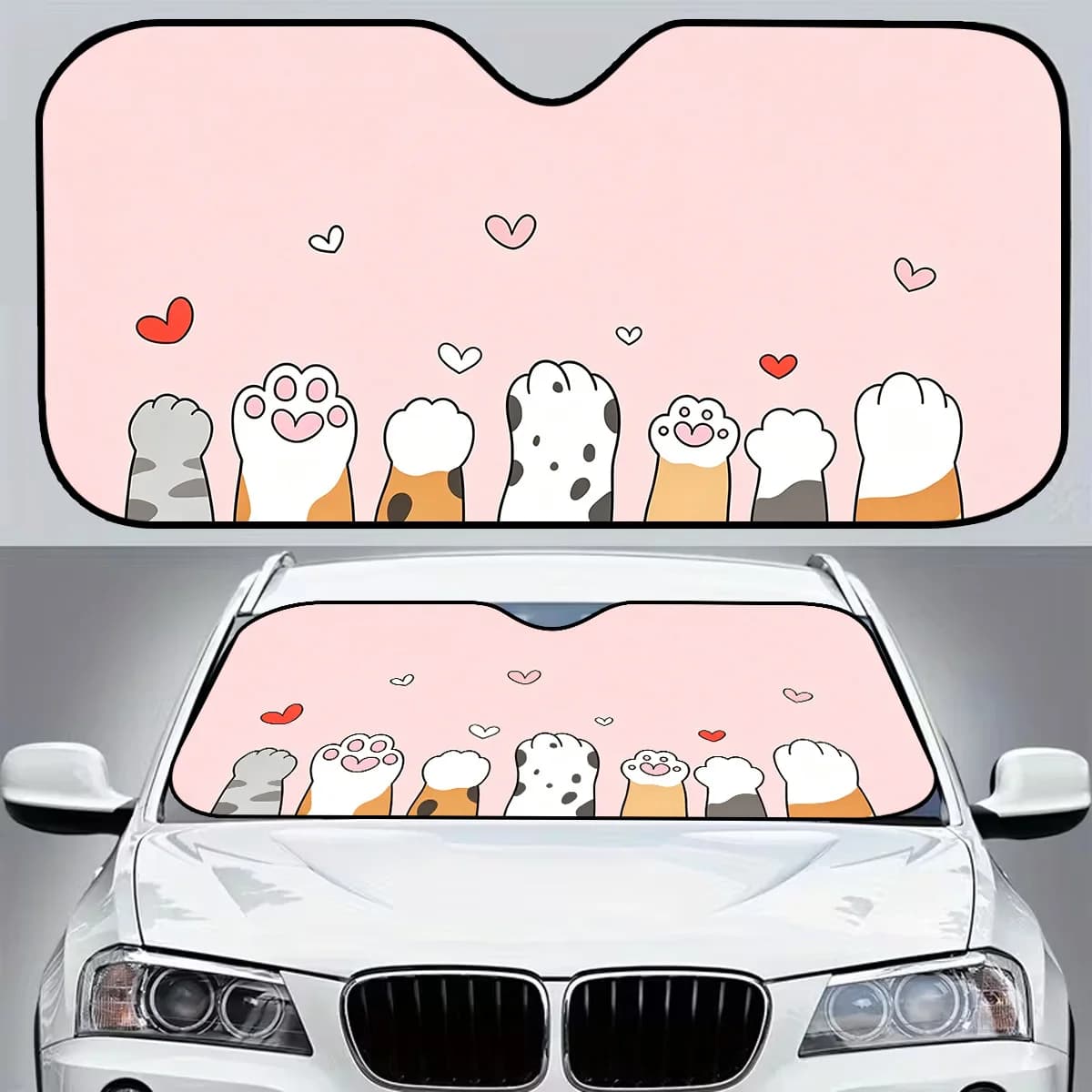 1pc Cat Paw Print Pattern Car Sunshade, Windshield Glare Blocking Sun Visor, Summer Sun Protection Foldable Sunshade Cover, Univ