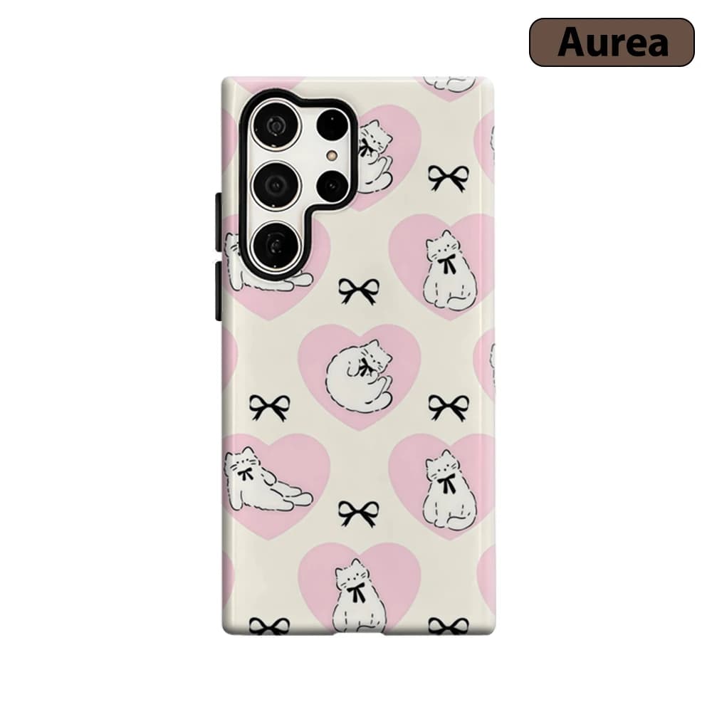 Cover per Telefono con Charm a Forma di Gattino e Fiocco per Samsung Galaxy S25 Ultra S24 S23 Ultra Plus, Custodia Antiurto a Doppio Strato Resistente
