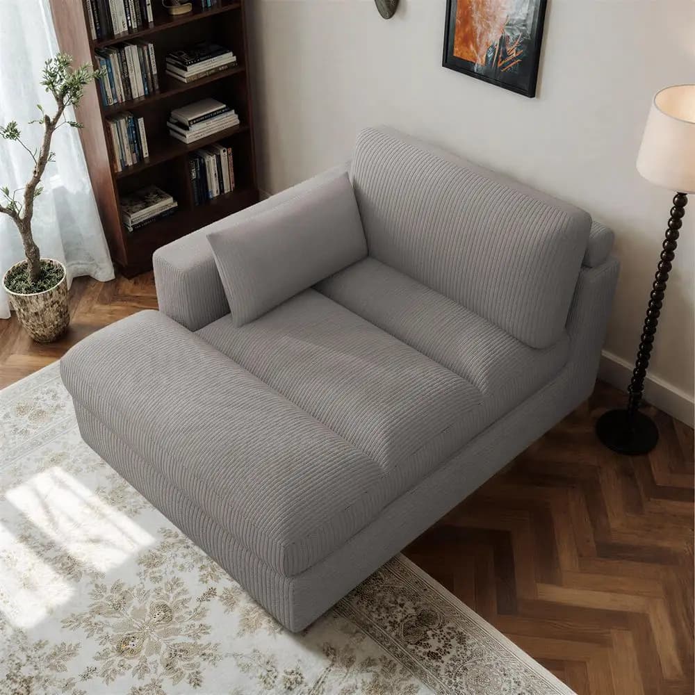 Chaise longue oversize from inside with right armrest and pillow, comfortable reclining armchair padded in ribbed velvet, solid.