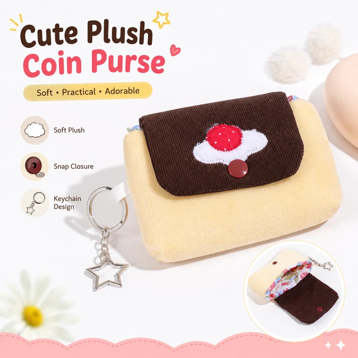 Cherry Pudding Plush Coin Purse Keychain Mini Wallet With Snap Button Portable Pouch For Cards Earphones And Small Essentials