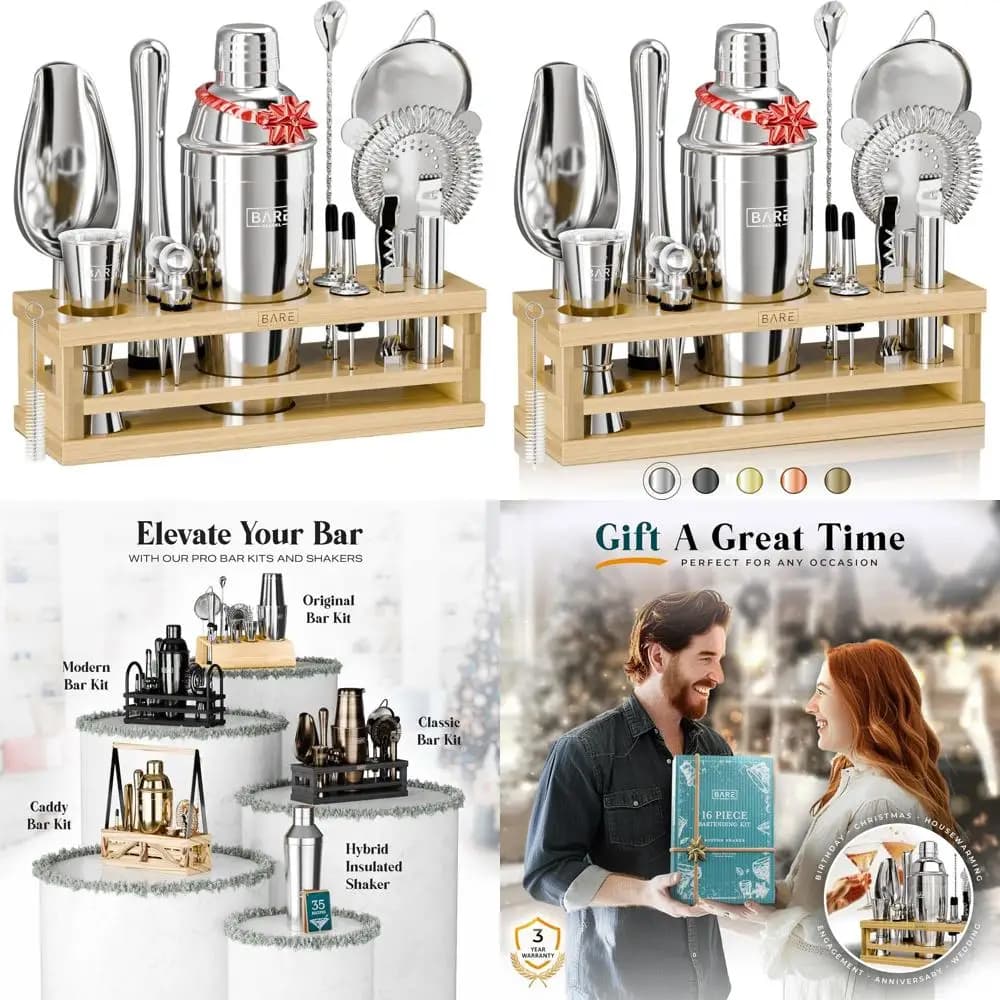 Set da Cocktail 16 Pezzi | Set da Barman per Casa con 35 Ricette | Shaker da 24 once | Pronto per il Regalo