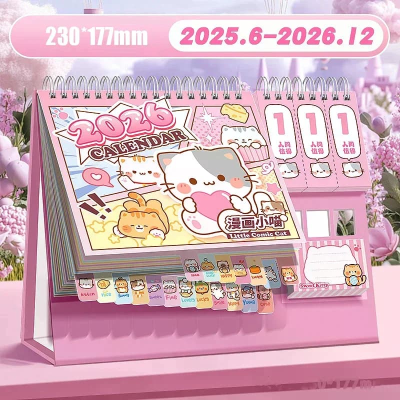 Calendario da Scrivania 2026 Multifunzionale, Creativo con Disegni Cartoon, Conto alla Rovescia per le Vacanze, Agenda Giornaliera