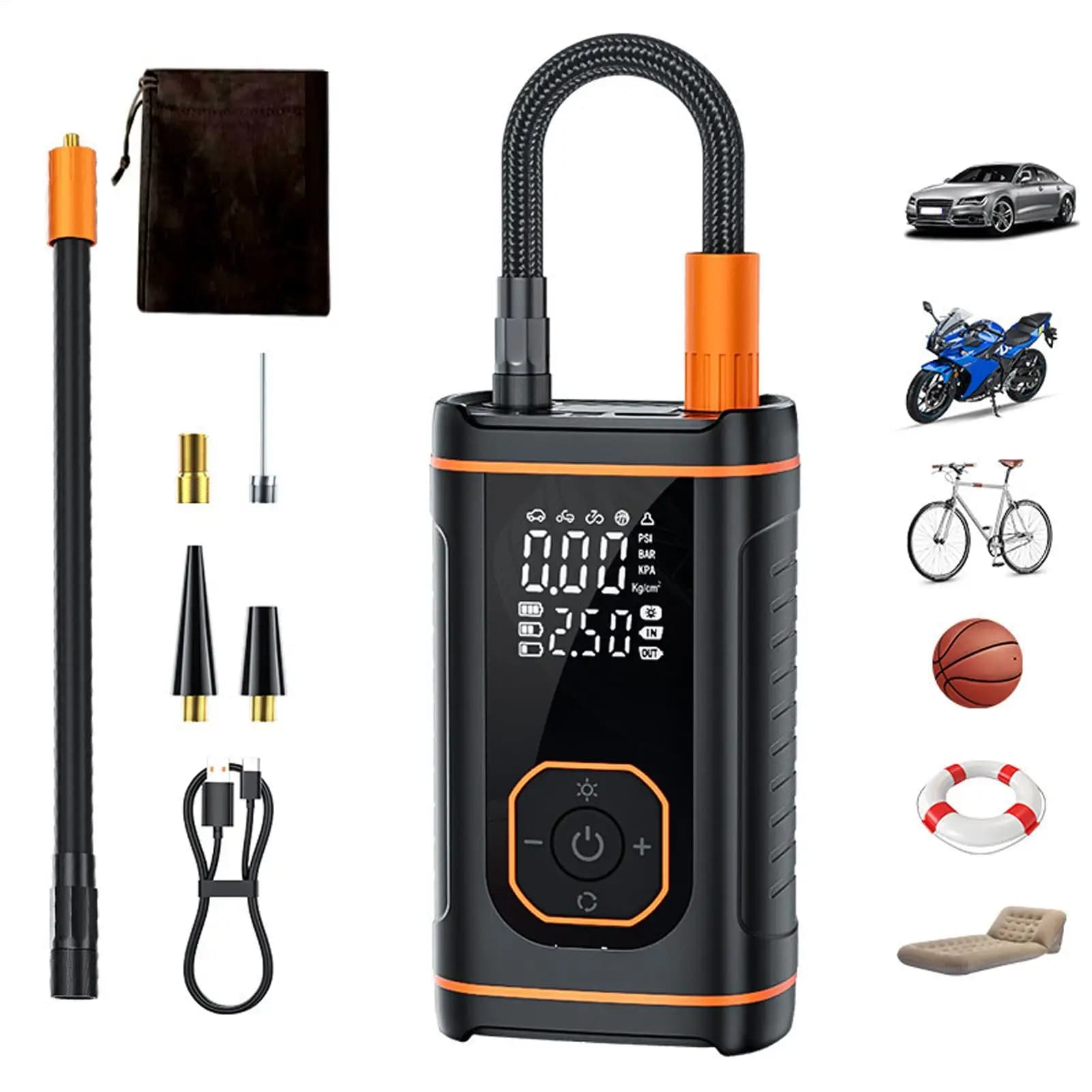 Pompa d'aria per pneumatici per auto Compressore portatile ricaricabile con display digitale Pompa per pneumatici per auto per gonfiatore di palline per biciclette per motociclette