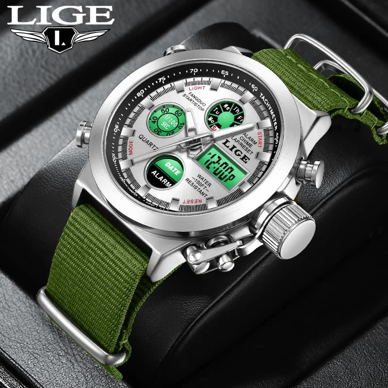 New LIGE Men's Watch in Fashion, Sporty, Quartz, Electronic, with Automatic Date, Nylon Strap, Stopwatch, Alarm Clock, Waterproof