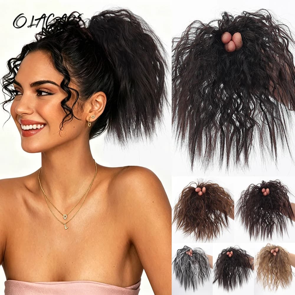 Wavy Curly Chignon Hair Bun with Rubber Band Synthetic Curly Hair Bun Extensions Wig Fluffy Hairpiece for Women Daily Party Use