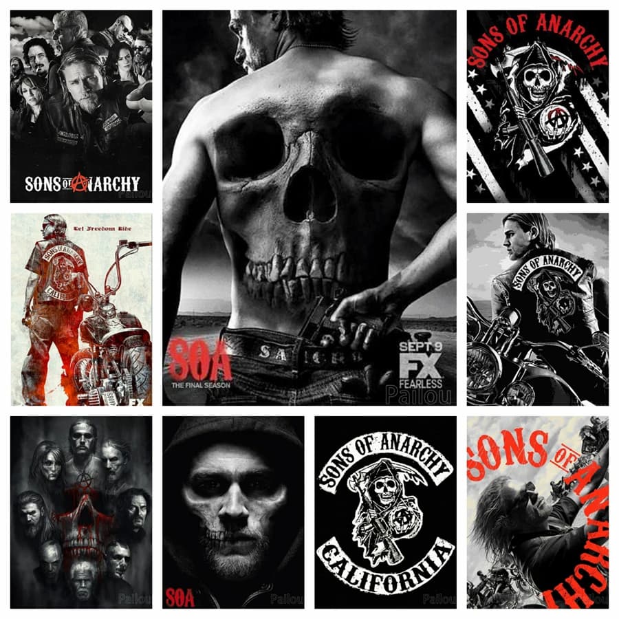 Figlio di anarchia 5D pittura diamante fai da te trapano rotondo completo mosaico teschio della morte moto punto croce lavoro manuale decorazioni per la casa