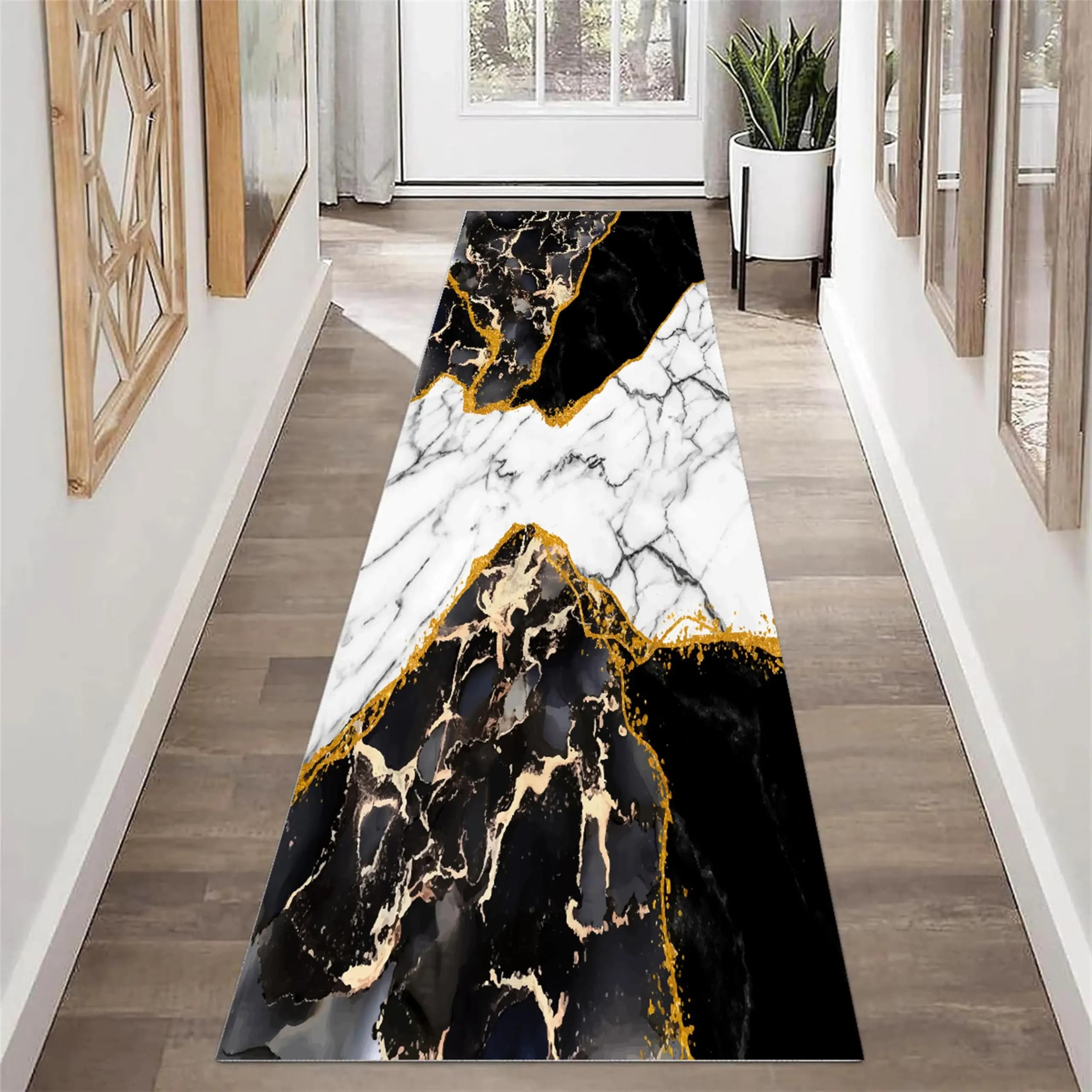 Vintage Baroque Runner Carpet Black Gold Area Rug Anti Slip Agate Waves Design Living Room Hallway Entrance Floor Mat