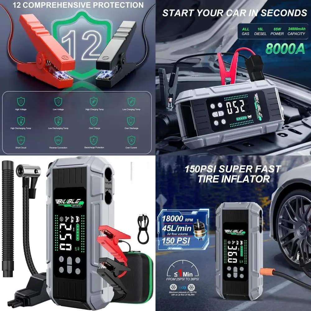 Avviatore portatile da 65 W con compressore d'aria, Power Bank da 24800 mAh per auto a gas e diesel, luce LED inclusa