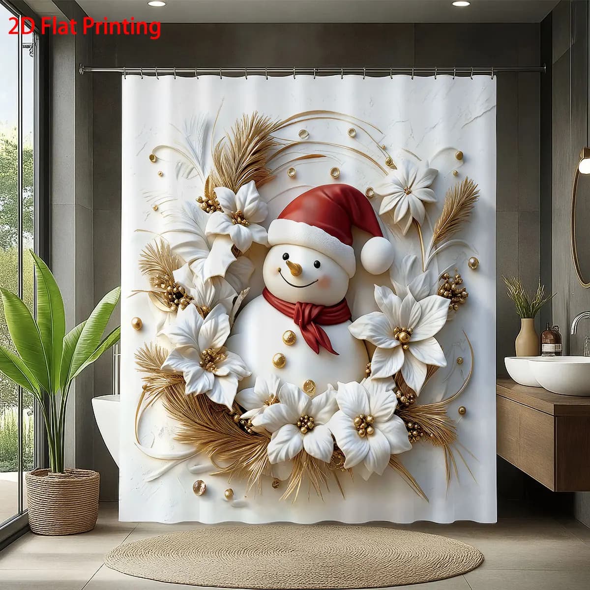 1 tenda da doccia impermeabile con stampa di pupazzo di neve natalizio in rilievo imitazione, dimensioni multiple e 12 ganci per una facile installazione