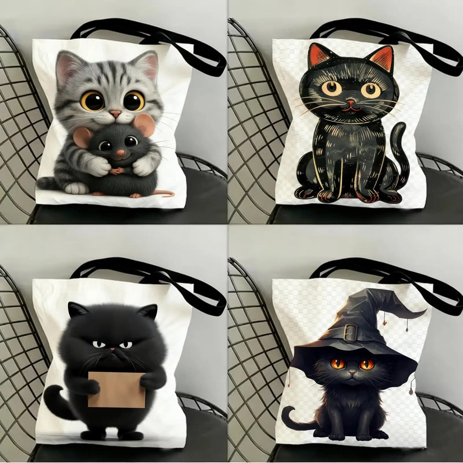 Cute Cat Storage Bags Canvas Double-Sided Print Fashion Shoulder Tote Shopping Bag Gift Eco Handbags