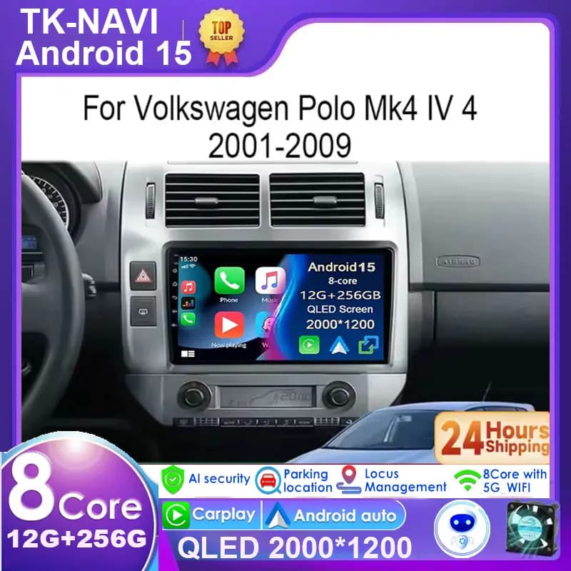 Android 15 GPS Carplay QLED Schermo Auto Stereo Autoradio Per Volkswagen VW Polo MK4 6Q 9N 9N3 2004-2009 Lettore Video Multimediale