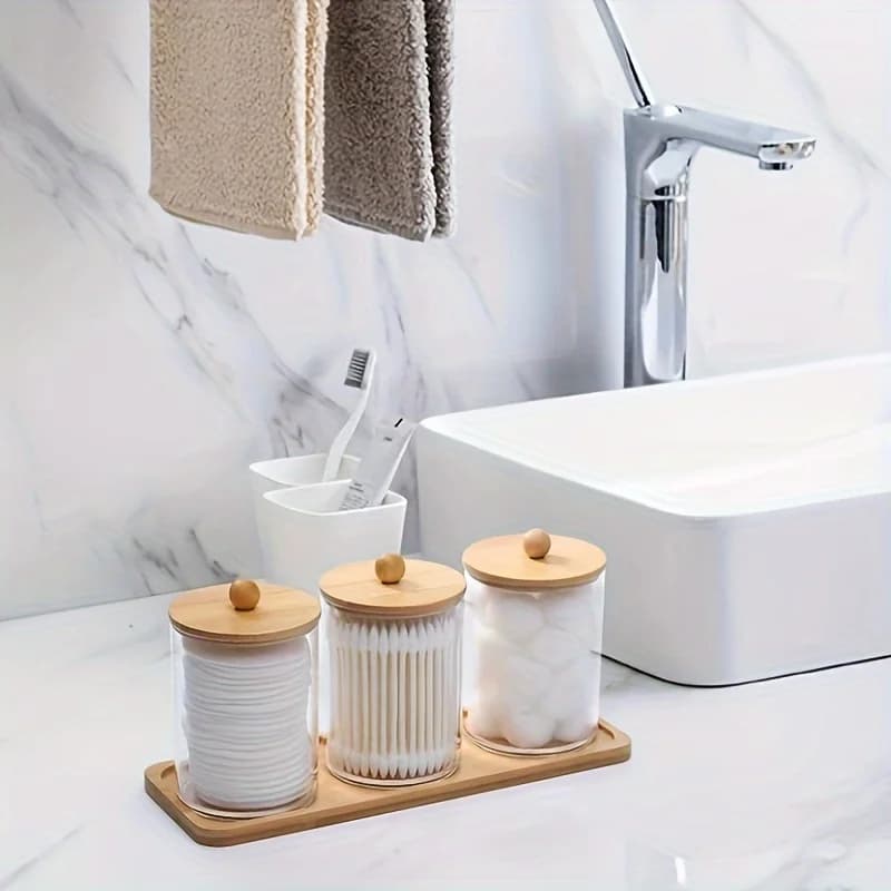 Porta batuffolo/ batuffolo di cotone da 10 Oz con vassoio cosmetico, barattolo da boticario Qtip, dispenser trasparente per contenitori da bagno per riporre, confezione da 3